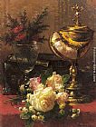 Roses Wall Art - A Bouquet of Roses and other Flowers in a Glass Goblet with a Chinese Lacquer Box and a Nautilus Cup on a red Velvet draped Table